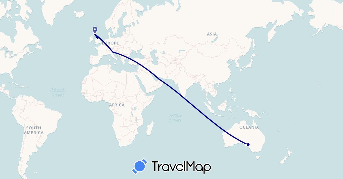 TravelMap itinerary: driving in United Arab Emirates, Australia, United Kingdom, Italy (Asia, Europe, Oceania)